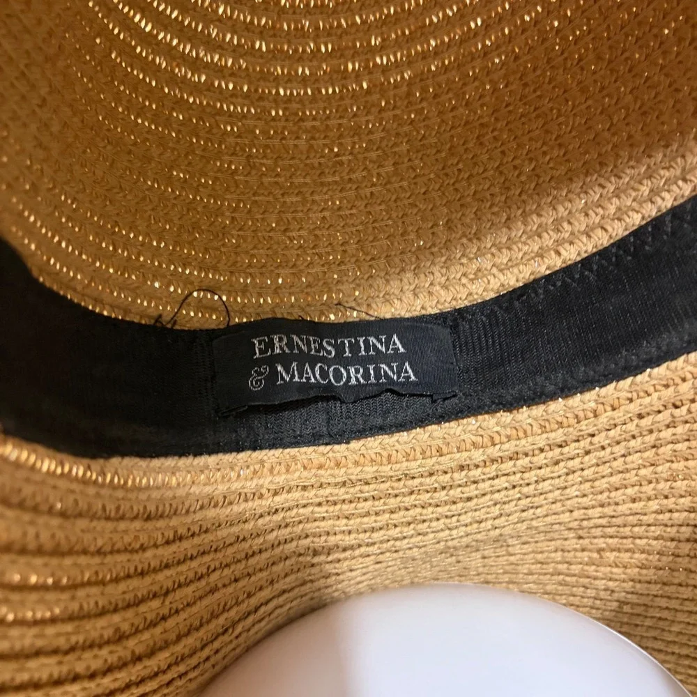 Ernestina & Macorina Tan Woven Wide Brim Straw Sun Hat Frayed Raffia Fringe Boho